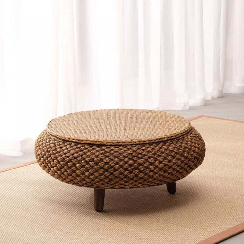 Japanese Oval Rattan Woven Wood Coffee Table — Without Storage / Walnut