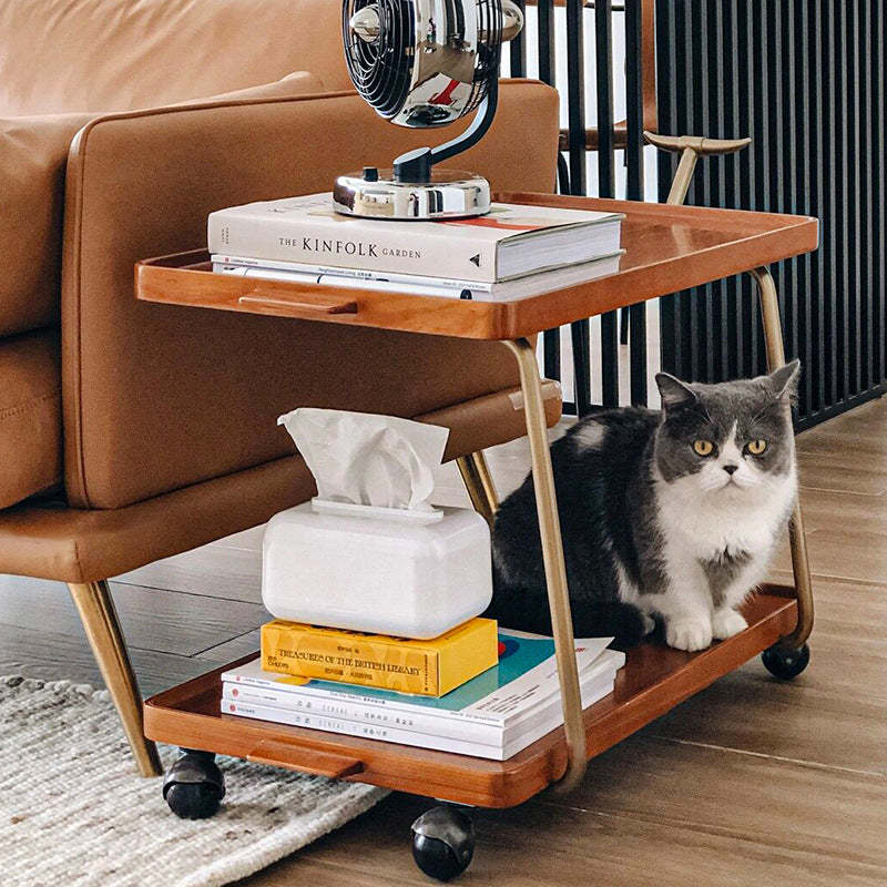 Retro Rubber Wood Stainless Steel Movable Side Table 2-Tier