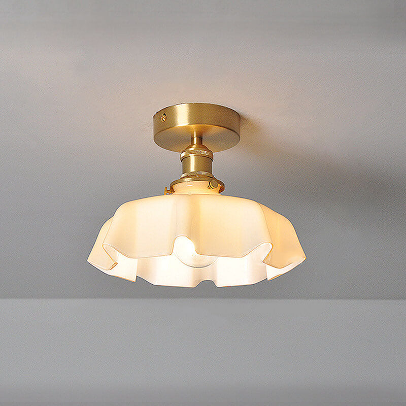 Japanese Vintage Cream Glass Floral Brass Semi-Flush Light