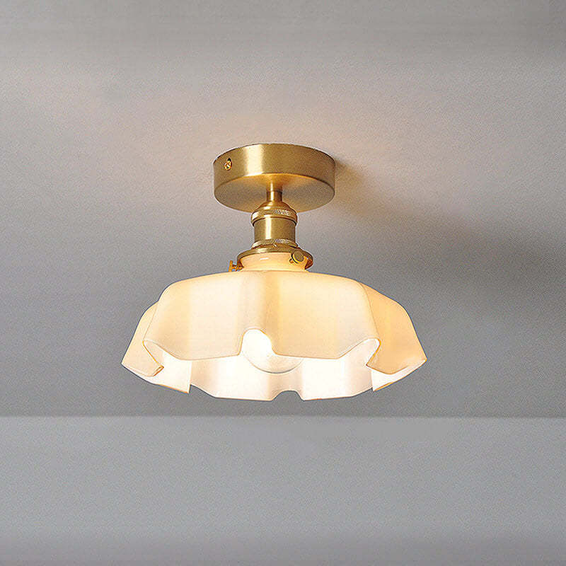 Japanese Vintage Cream Glass Floral Brass Semi-Flush Light