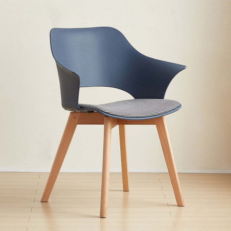 Nordic Curved Plastic Wood-Leg Dining Armchair — Dark Blue