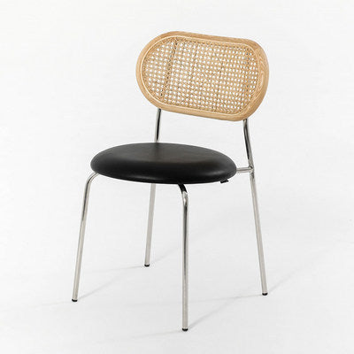 Nordic Leather Wood Rattan Armchair — Black Backrest + Brown Seat + Black Frame