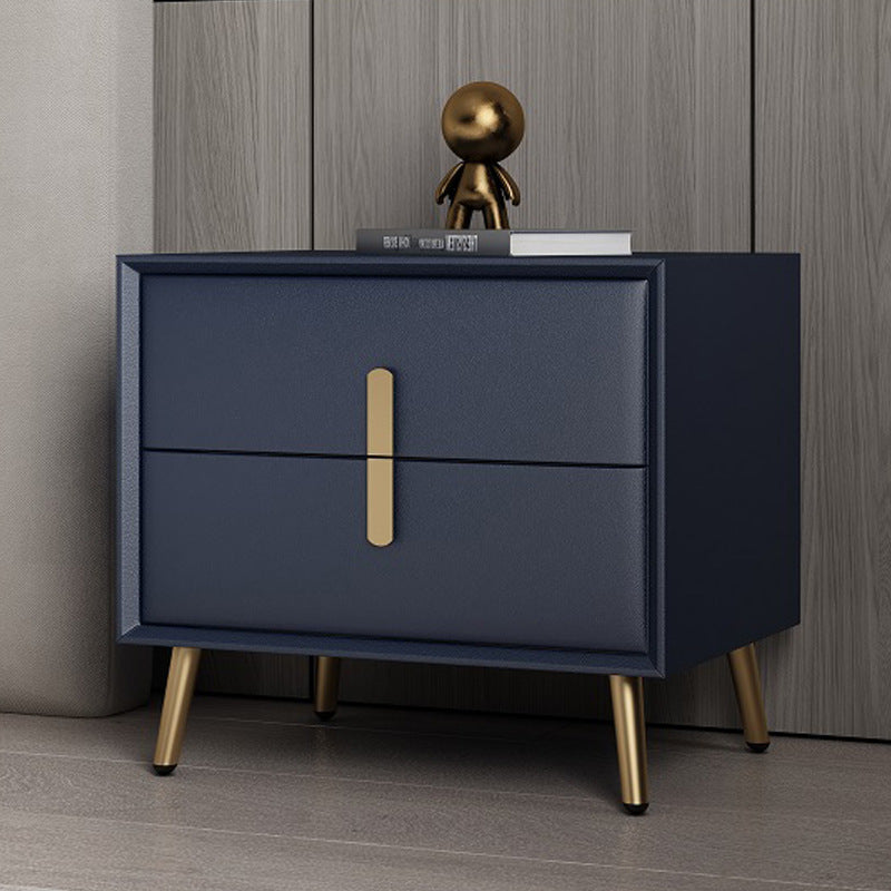 Modern Solid Wood Leather 2-Drawer Nightstand — Dark Blue