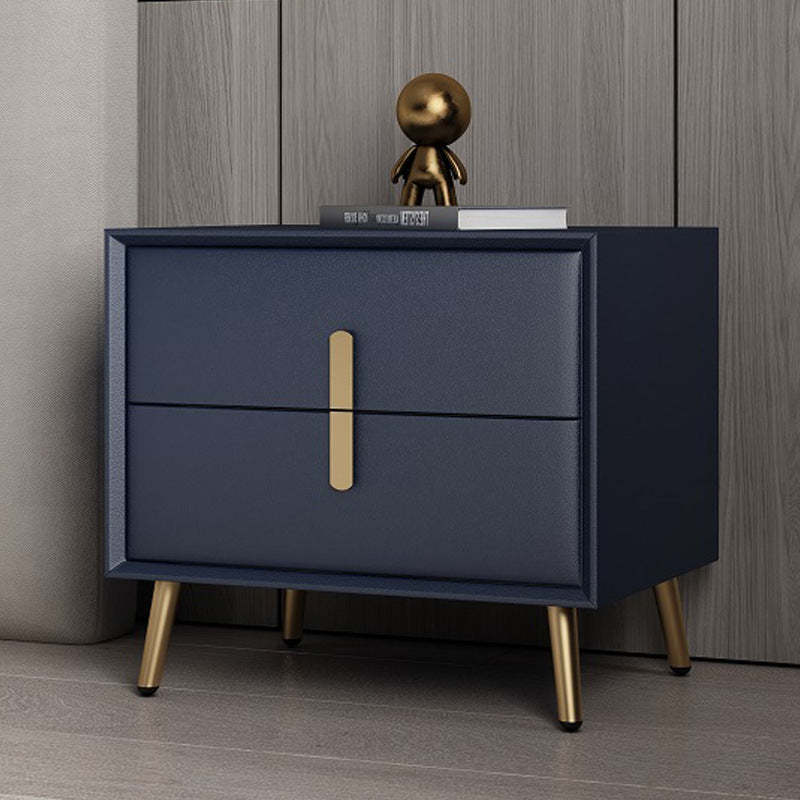 Modern Solid Wood Leather 2-Drawer Nightstand — Dark Blue