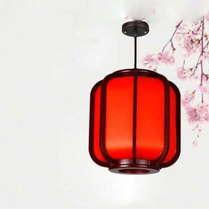 Modern Chinese Faux Sheepskin Wooden Lantern Pendant
