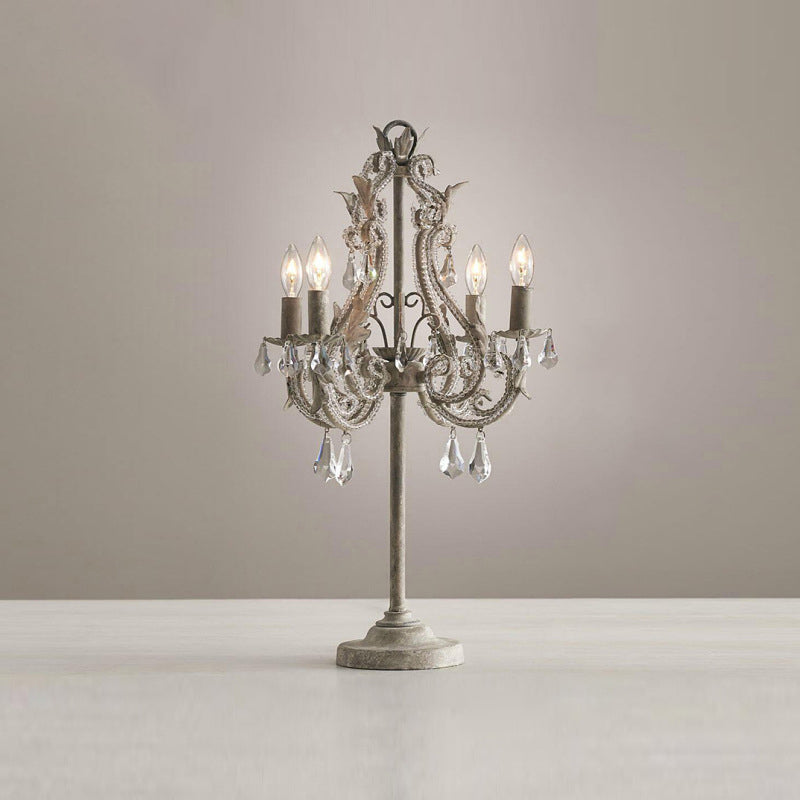 Boho Distressed White Candelabra Crystal Bead Table Lamp
