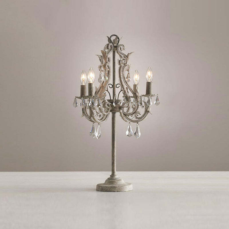 Boho Distressed White Candelabra Crystal Bead Table Lamp