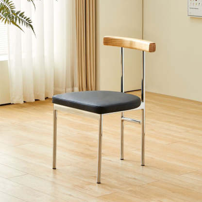 Nordic Half-Round Leather Metal Wood Dining Chair — Black Seat + Wood Color Backrest