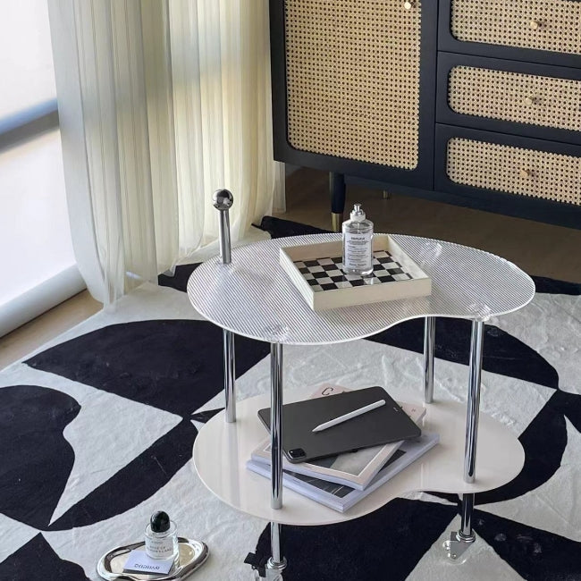 Minimalist Glass Mango-Shaped Side Table On Wheels 2-Tier — Green