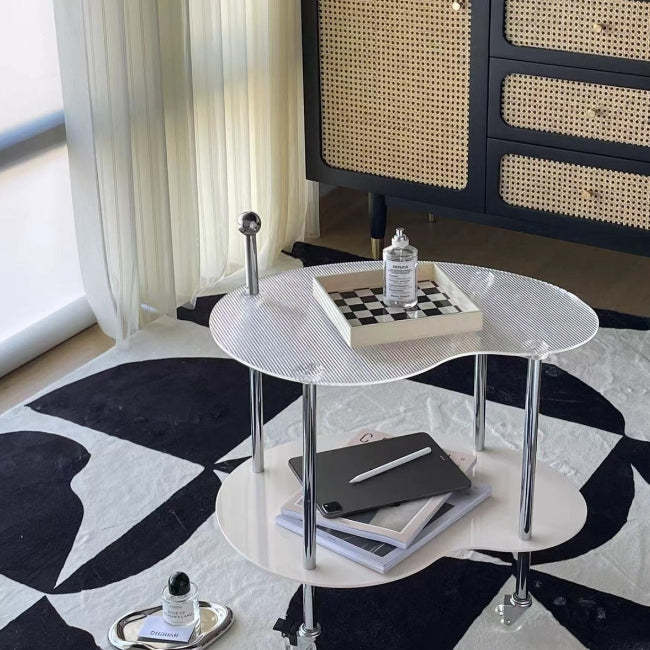 Minimalist Glass Mango-Shaped Side Table On Wheels 2-Tier — Green