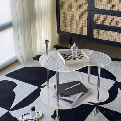 Minimalist Glass Mango-Shaped Side Table On Wheels 2-Tier — Green