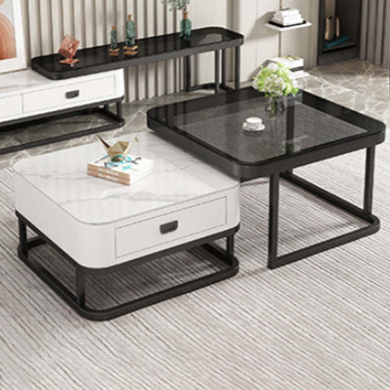 Minimalist Rock Slab Glass Square Coffee Table 1-Drawer — Black Frame + White Tabletop + White Drawer