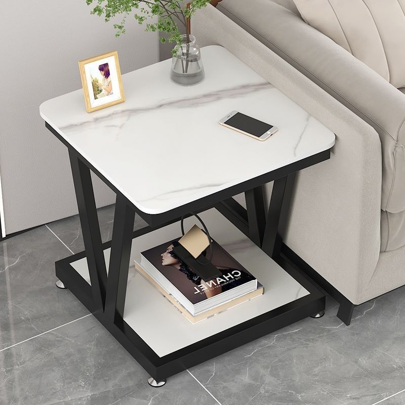 Modern Luxury Rock Panel Galvanized 2-Tier End Table — Snowy Mountain White Rock