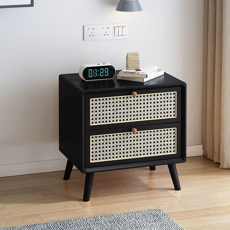 Modern Wood Rattan 2-Drawer Side Table — Black