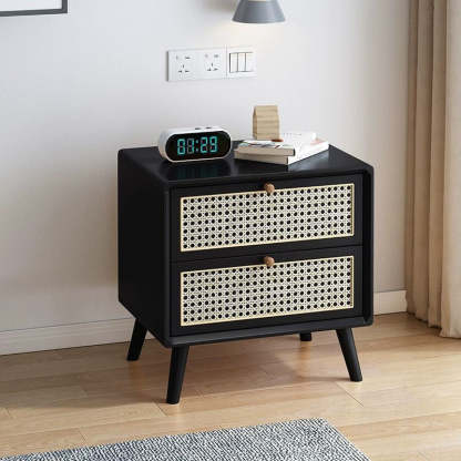 Modern Wood Rattan 2-Drawer Side Table — Black