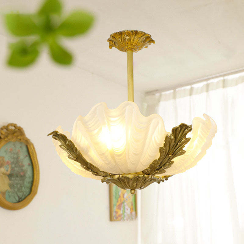 French Shell Brass Glass Chandelier