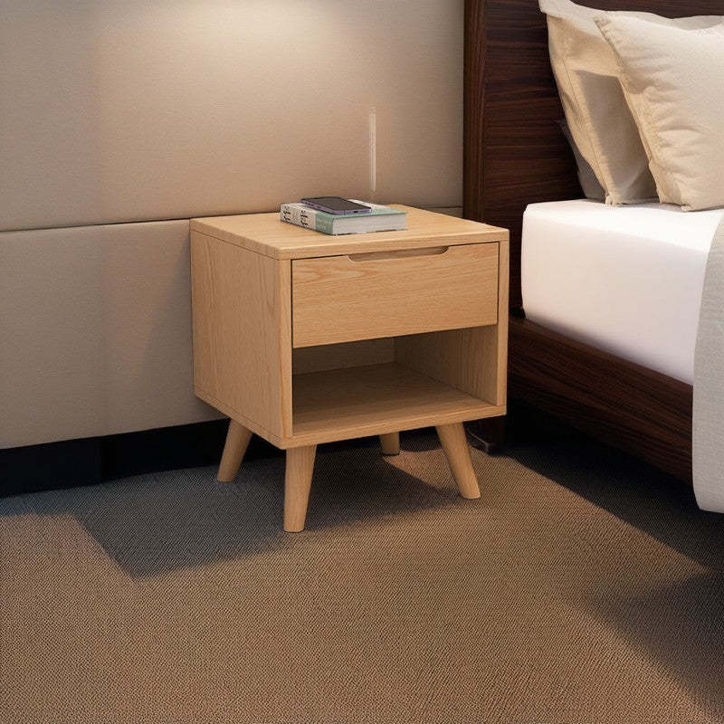 Modern Cubic Rubber Wood 1/2-Drawer Nightstand — A / Wood Color