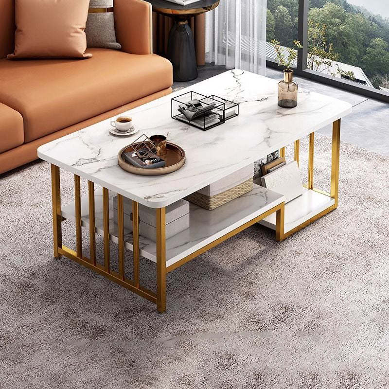 Contemporary Marble Rectangular Coffee Table 2-Tier Storage