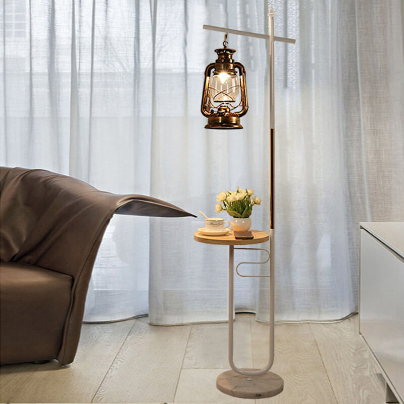 European Vintage Lantern Iron Wood Marble Floor Lamp
