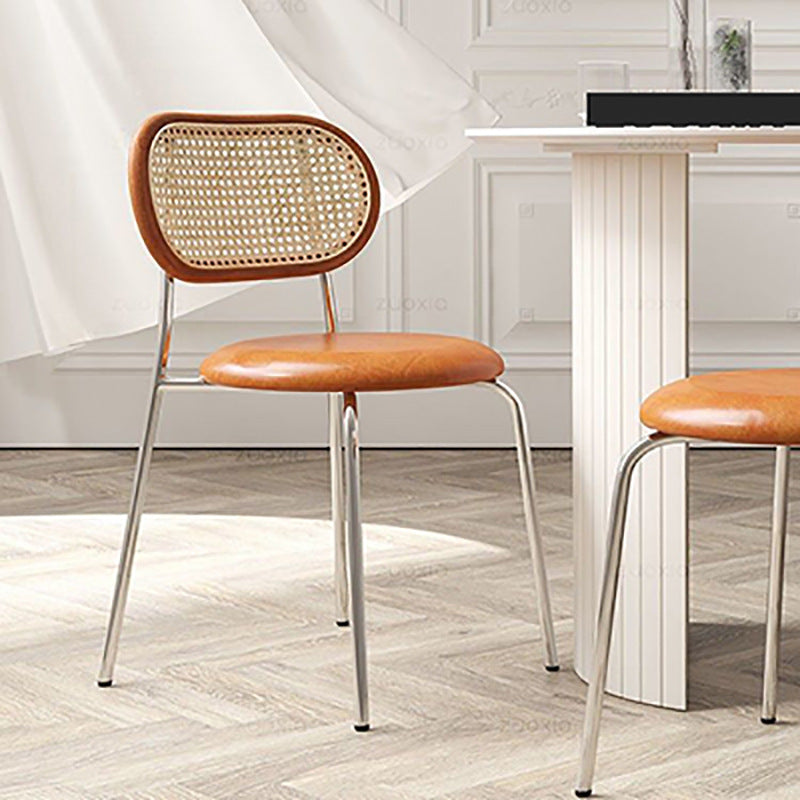 Nordic Leather Wood Rattan Armchair — Black Backrest + Black Seat + Silver Frame
