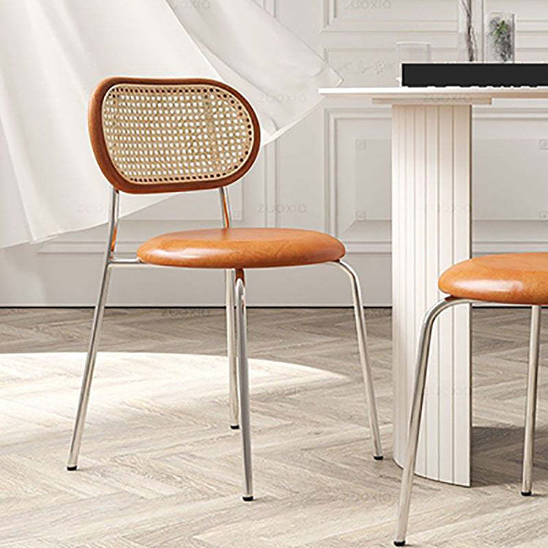 Nordic Leather Wood Rattan Armchair — Black Backrest + Black Seat + Silver Frame