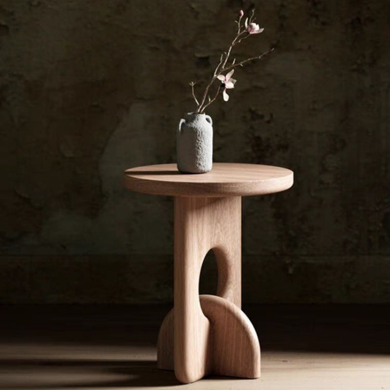 Minimalist Round Cross Ash Wood End Table — Original Wood Color