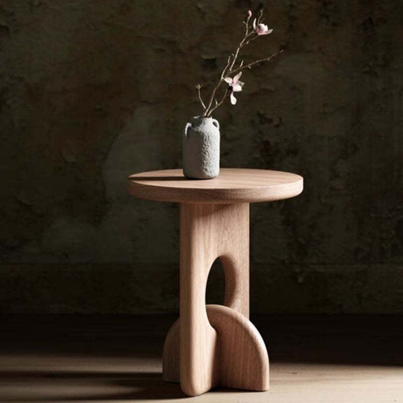 Minimalist Round Cross Ash Wood End Table — Original Wood Color