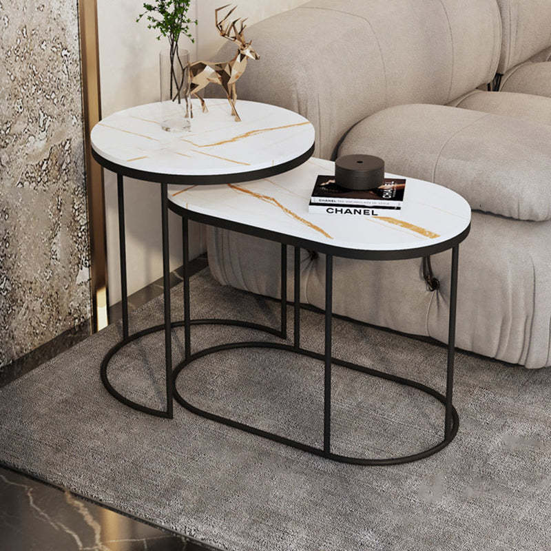 Luxury Oval Sintered Stone Nesting End Table — Lauren White Tabletop + Black Frame