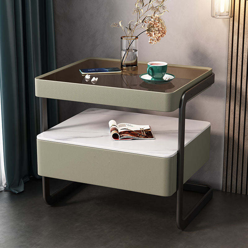Minimalist Lock Tempered Glass Iron Nightstand — Gray - Drawer With Lock