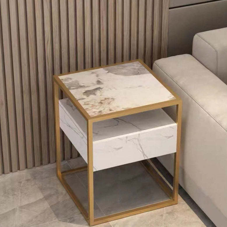 Scandinavian Glass Wood Rock Slab Square Nightstand 1-Drawer — G