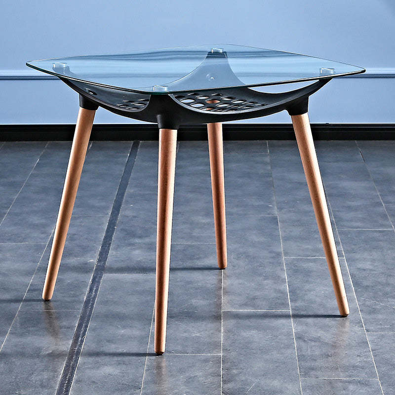 Rounded-Corner Glass Wood Dining Table — Glass Table Top + Black Frame