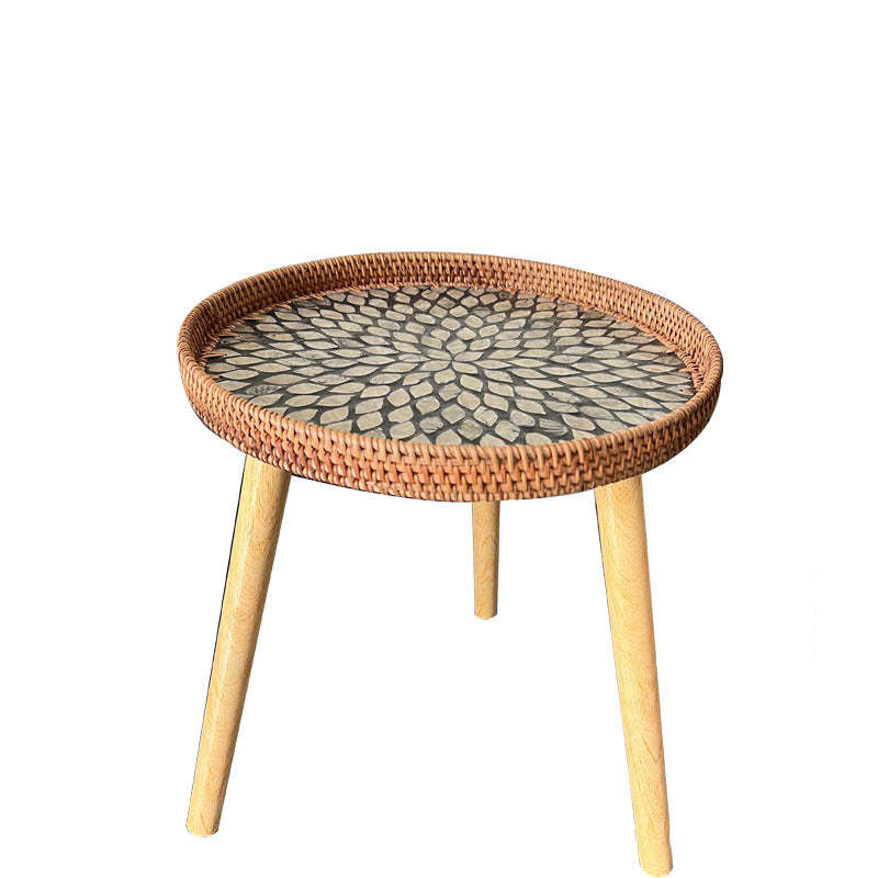Rustic Handmade Shell Wood Rattan Side Table