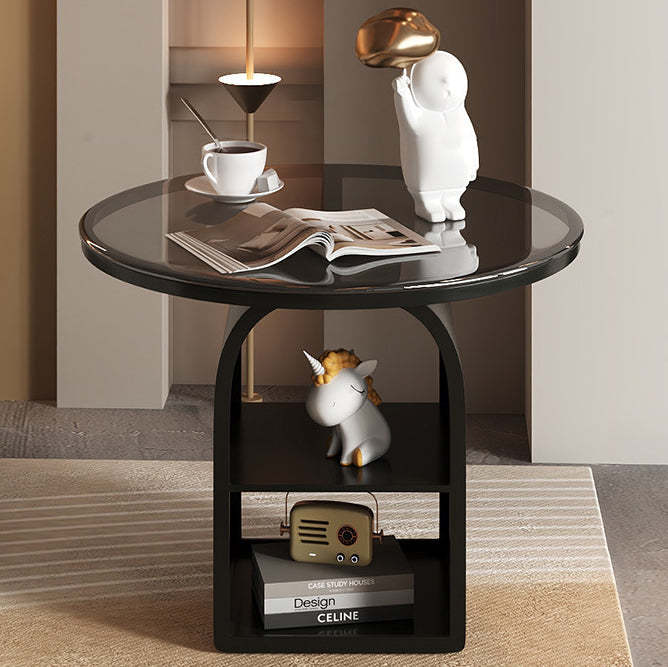Minimalist Glass Iron 3-Tier Coffee Table — Brown Tabletop + White
