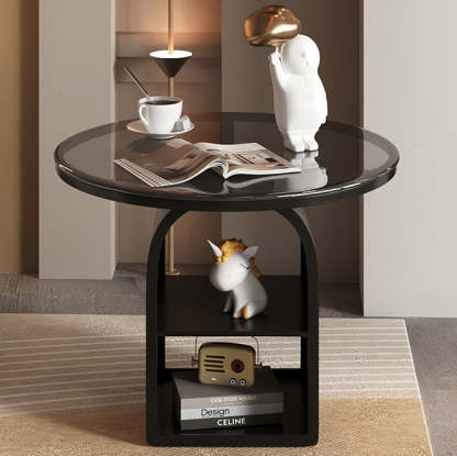 Minimalist Glass Iron 3-Tier Coffee Table — Brown Tabletop + White