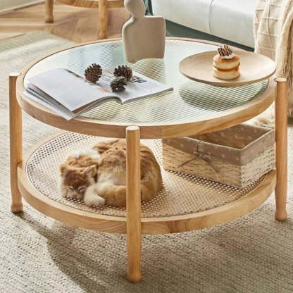 Minimalist Glass Rattan Wood 2-Tier Round Coffee Table