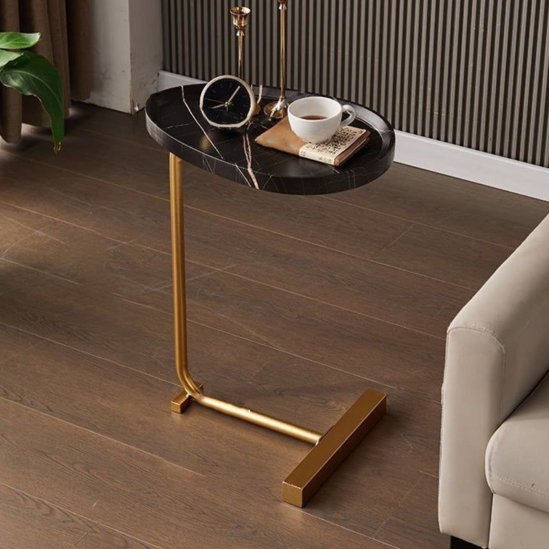 Minimalist Oval Engineered Wood Iron End Table — Original Wood + Black Frame