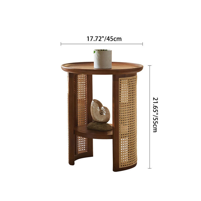 Japanese Rattan Wood Marble 2-Tier Coffee Table