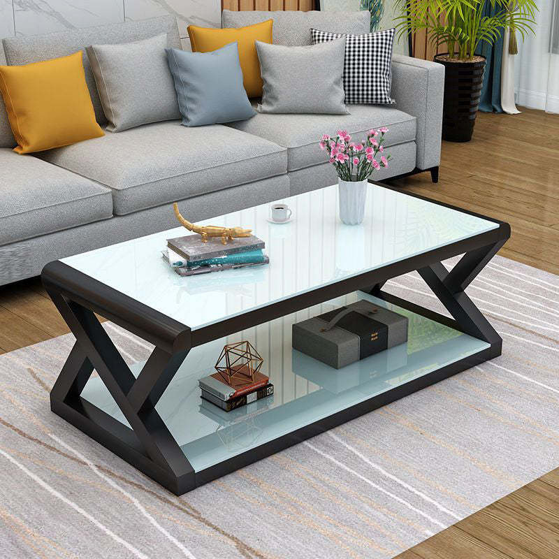 Modern Glass Steel 2-Tier Coffee Table — White Frame + Black Tabletop