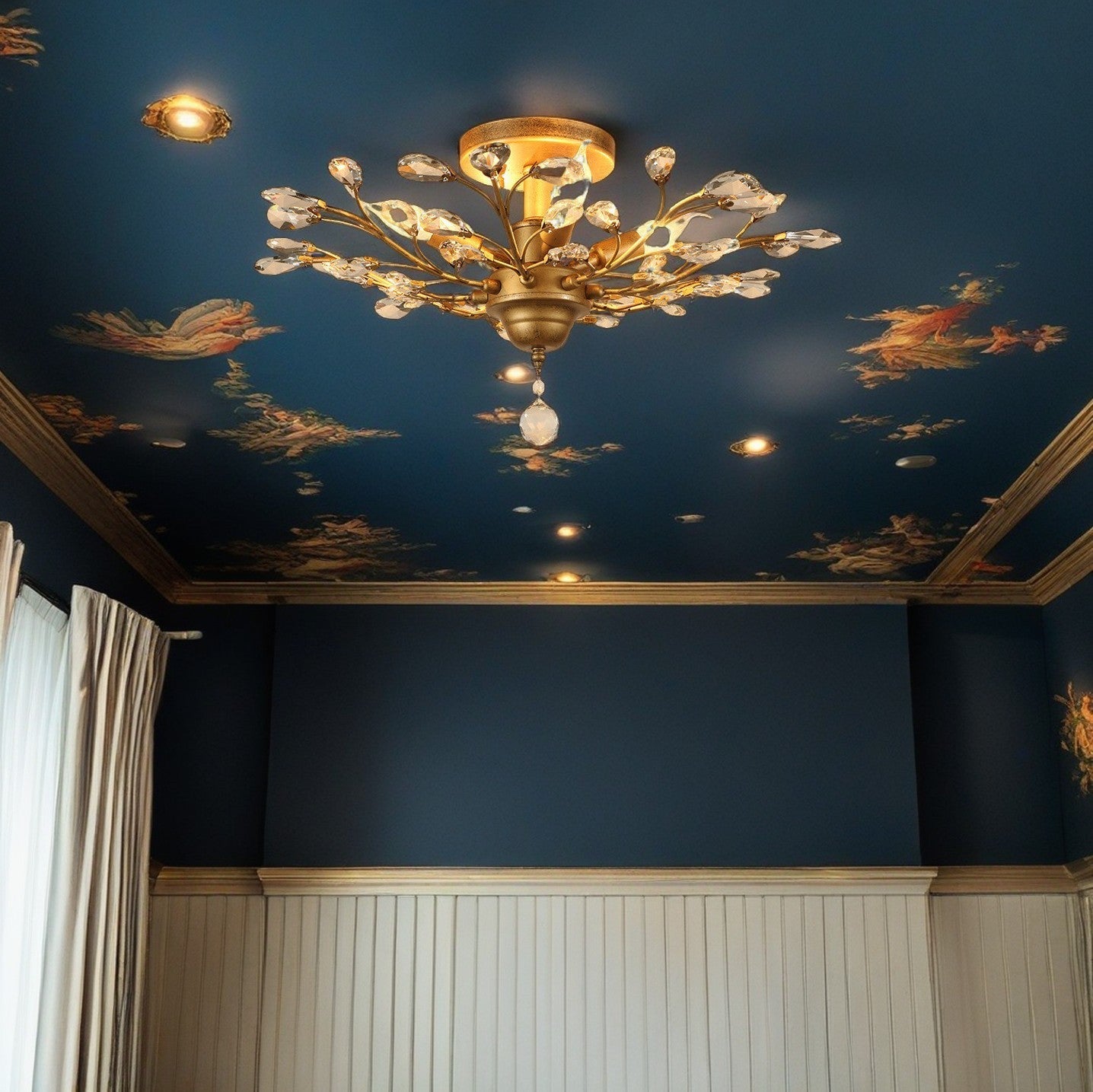 European Branch Iron Crystal Semi-Flush Ceiling Light — 6 / Gold / 220V-240V For UK/AU