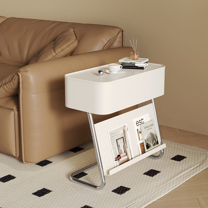 Nordic Rotating L-Shape Steel End Table — White Tabletop + Silver Carbon Steel Frame