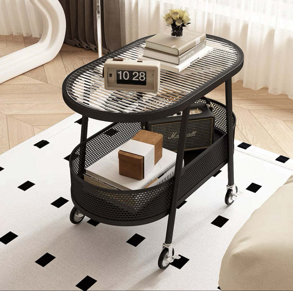 Modern Elliptical Glass Iron 2-Tier End Table — B / Black