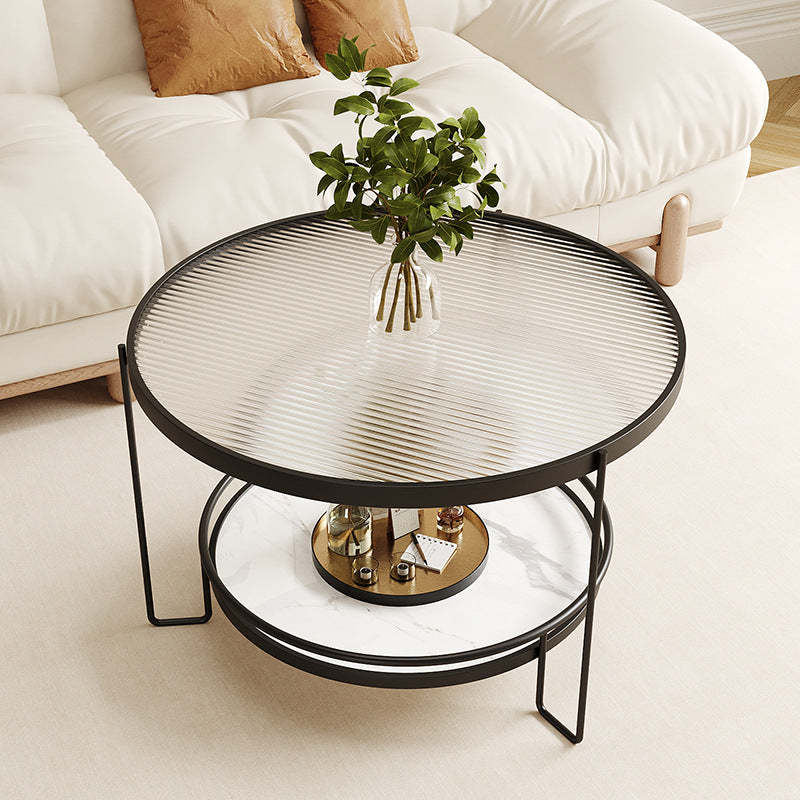 Minimalist Round Glass Rock Slab Coffee Table — Transparent Tabletop + Black Frame