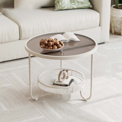 Modern Round Striped Glass Metal Coffee Table — Black / Striped Glass