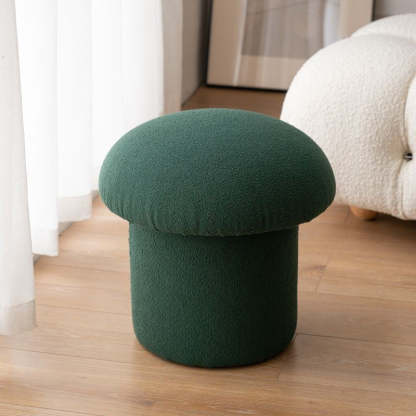 Scandinavian Lambswool Wood Round Mushroom Vanity Stool — Dark Green