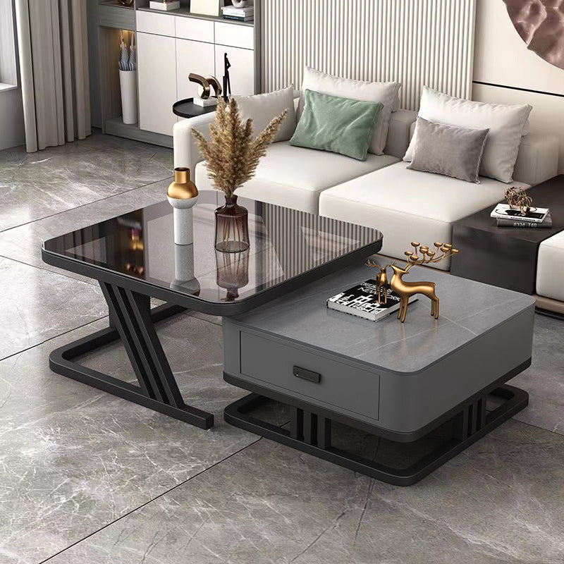 Modern Iron Frame Nesting Coffee Table — Gray Glass Tabletop+ Gray Slate Tabletop +Gray Drawer