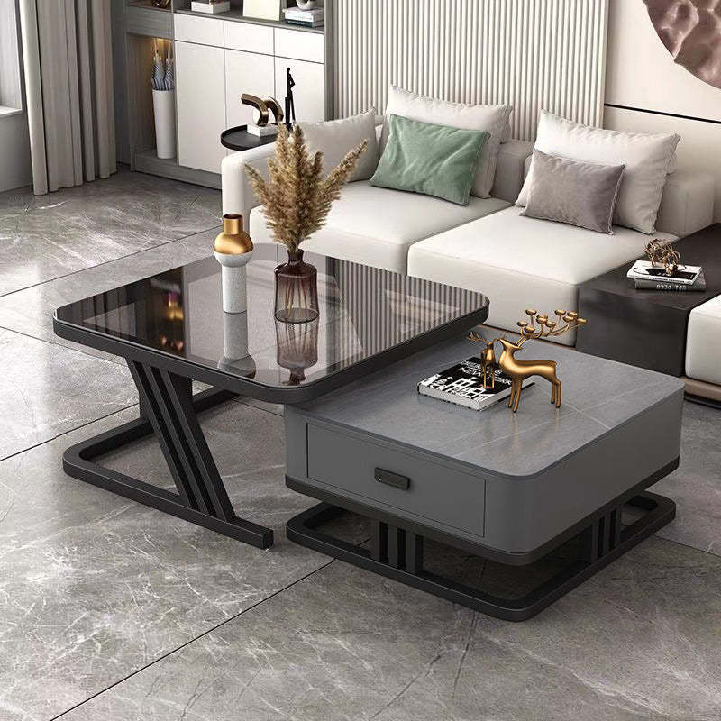 Modern Iron Frame Nesting Coffee Table — Gray Glass Tabletop+ Gray Slate Tabletop +Gray Drawer