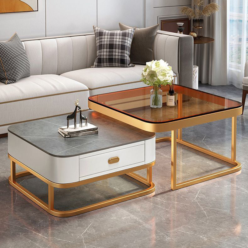 Luxury Square Glass Nesting Coffee Table — Gray Tabletop + White Drawer