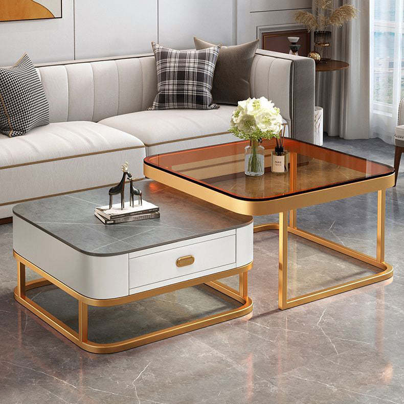 Luxury Square Glass Nesting Coffee Table — Gray Tabletop + White Drawer