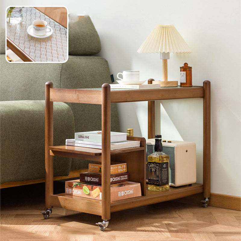 Modern Glass Wood 2-Tier Side Table — Walnut Color Frame + Begonia Pattern Glass Tabletop