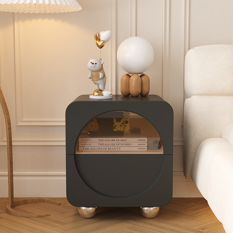 Minimalist Wood Glass Rounded Rectangular Nightstand — Gray